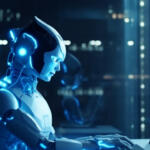 A digital illustration of a humanoid robot with visible internal wiring and blue lighting, sitting at a desk with multiple computer screens in a room that overlooks a cityscape at night. The name “Devin” is in the lower left corner.