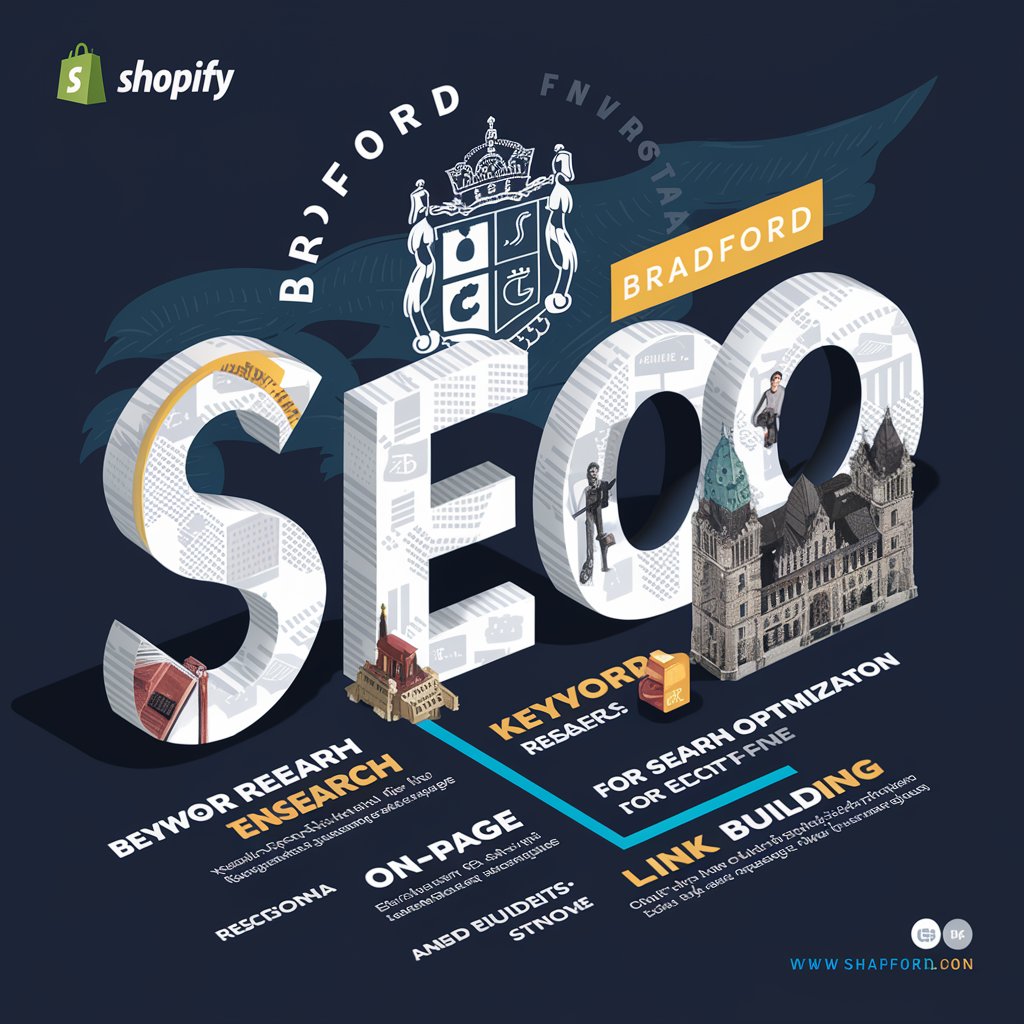 A stylized infographic featuring the letters 'SEO' filled with various elements representing SEO strategies, including keyword research, on-page tactics, and link building, with the Shopify logo