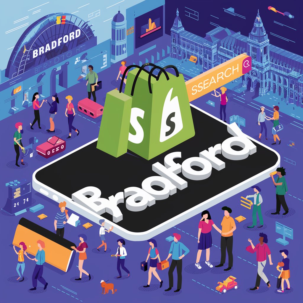 Isometric illustration of Bradford city with a large smartphone displaying the word 'Bradford', surrounded by people and iconic buildings, symbolizing the blend of physical and digital life.