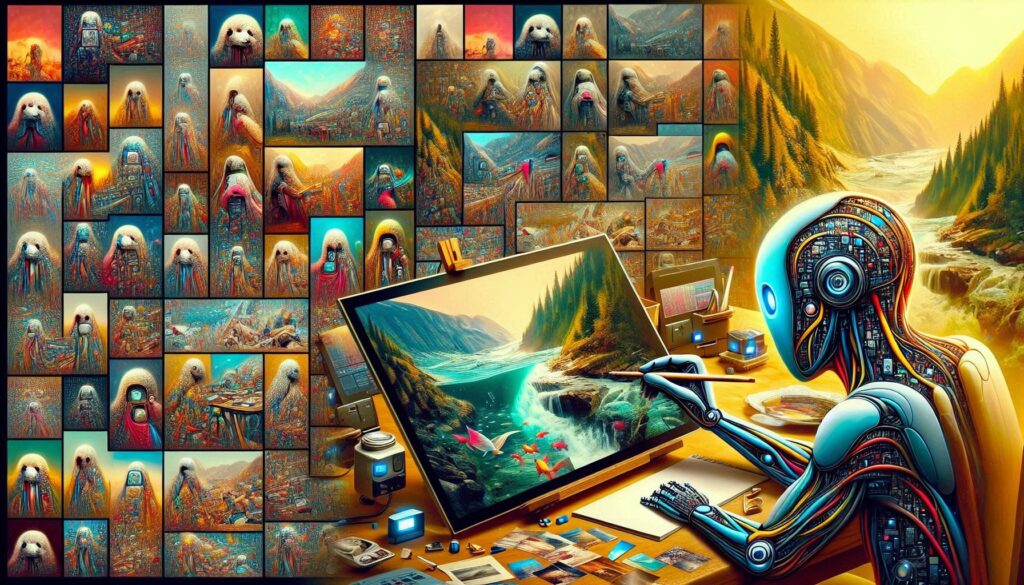 A robot sits in front of a canvas, painting a landscape that mirrors the background scenery of mountains, trees, and a river.