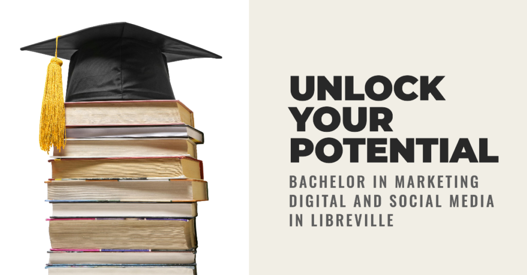 Unlock Potential: Bachelor Marketing Digital et Social Media Libreville 5 A stack of various colored books topped with a black graduation cap, with text on the right stating “UNLOCK YOUR POTENTIAL - Bachelor Marketing Digital et Social Media Libreville.
