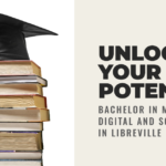 A stack of various colored books topped with a black graduation cap, with text on the right stating “UNLOCK YOUR POTENTIAL - Bachelor Marketing Digital et Social Media Libreville.