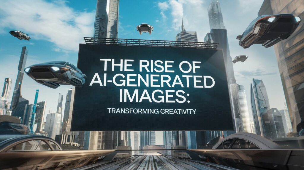 5 Powerful Ways AI-Generated Images: Revolutionizing Art 1 A large billboard with the text “THE RISE OF AI-GENERATED IMAGES: TRANSFORMING CREATIVITY” stands prominently against a backdrop of futuristic skyscrapers under a blue sky with scattered clouds. Below, a sleek cityscape features roads with no visible cars.