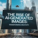 A large billboard with the text “THE RISE OF AI-GENERATED IMAGES: TRANSFORMING CREATIVITY” stands prominently against a backdrop of futuristic skyscrapers under a blue sky with scattered clouds. Below, a sleek cityscape features roads with no visible cars.