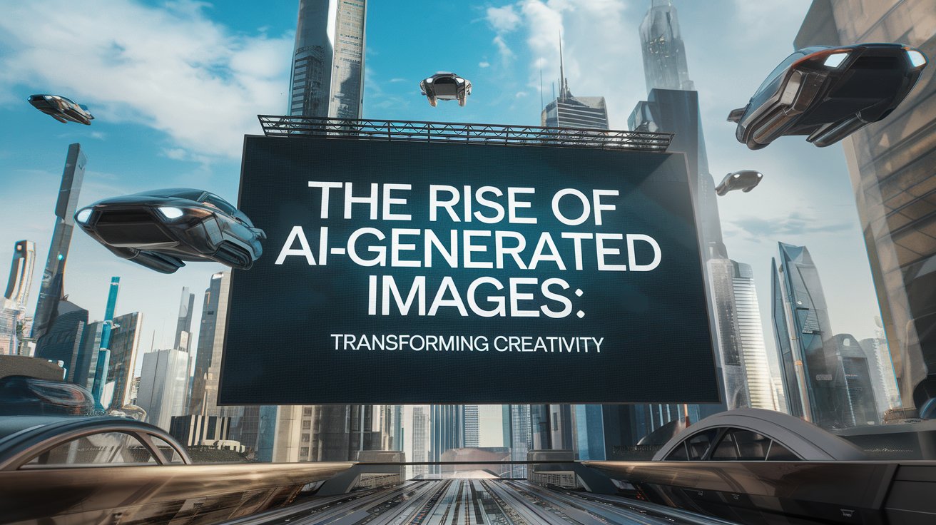 A large billboard with the text “THE RISE OF AI-GENERATED IMAGES: TRANSFORMING CREATIVITY” stands prominently against a backdrop of futuristic skyscrapers under a blue sky with scattered clouds. Below, a sleek cityscape features roads with no visible cars.