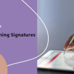 A graphic featuring a person’s hand holding a pen and signing on a digital tablet, with the text “With Artificial Intelligence signature generator - Create Stunning Signatures” overlaid on a purple and beige abstract design.