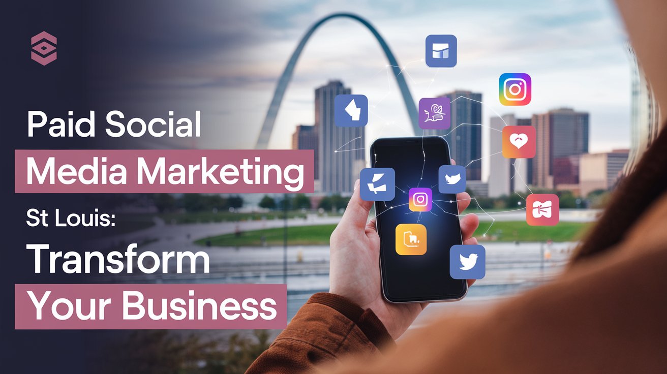 A person holding a smartphone with social media icons on screen with the St. Louis Gateway Arch in the background under a twilight sky; text overlay reads ‘Paid Social Media Marketing St Louis: Transform Your Business’.