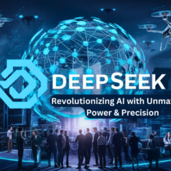 A futuristic scene featuring a large digital globe with interconnected nodes, surrounded by drones and holographic screens. In the foreground, a group of people are gathered, seemingly engaged in discussions. The text "DeepSeek AI: Revolutionizing AI with Unmatched Power & Precision" is prominently displayed.