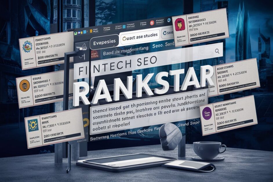 A digital marketing-themed collage with the central focus on the bold text "FINTECH SEO RANKSTAR." The background features a cityscape with tall buildings, while the foreground includes office items like a laptop, tablet, smartphone, and coffee cup on a desk. Surrounding the central text are floating windows displaying various user profiles with names, titles, and numerical data.