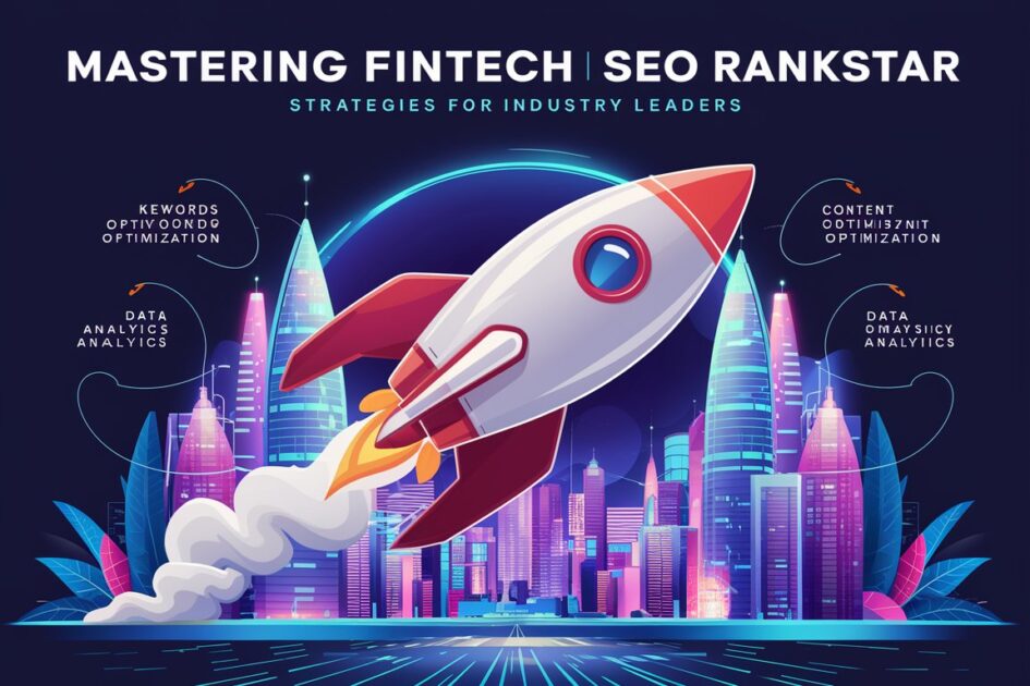 An illustration featuring a rocket launching in front of a futuristic cityscape, with the text "Empower Your Growth with Fintech SEO Rankstar Insights" at the top. The image highlights four key areas: Keywords Optimization, Data Analytics, Content Optimization, and Data Analysis.